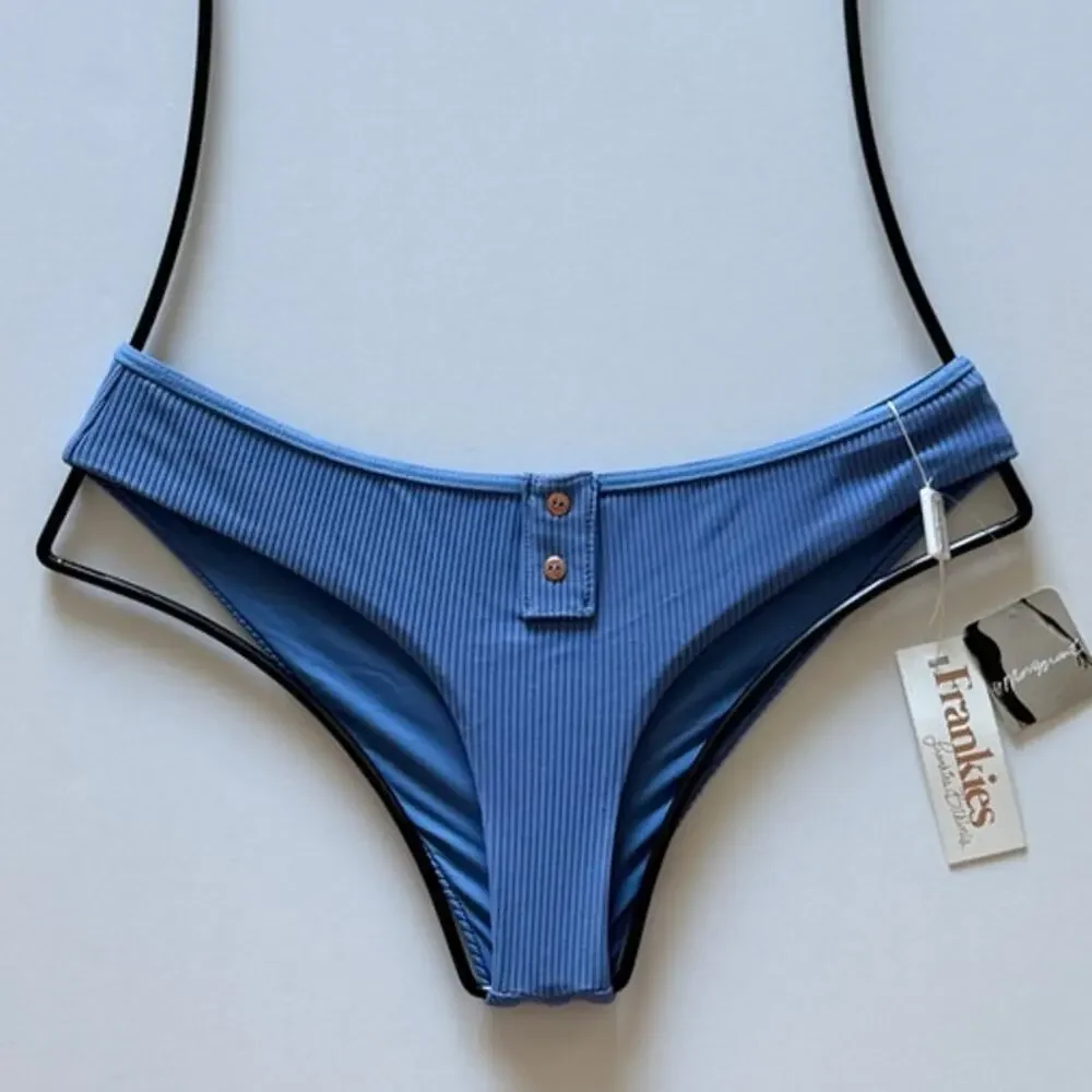 Frankies Bikinis Alana Ribbed Button Bikini Bottom - Marine Blue - M - NWT
